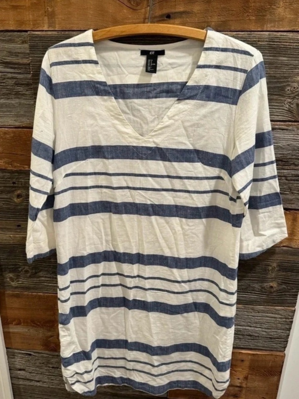 H&M cotton striped blouse mini dress tunic vneck blue white airy beach vacation